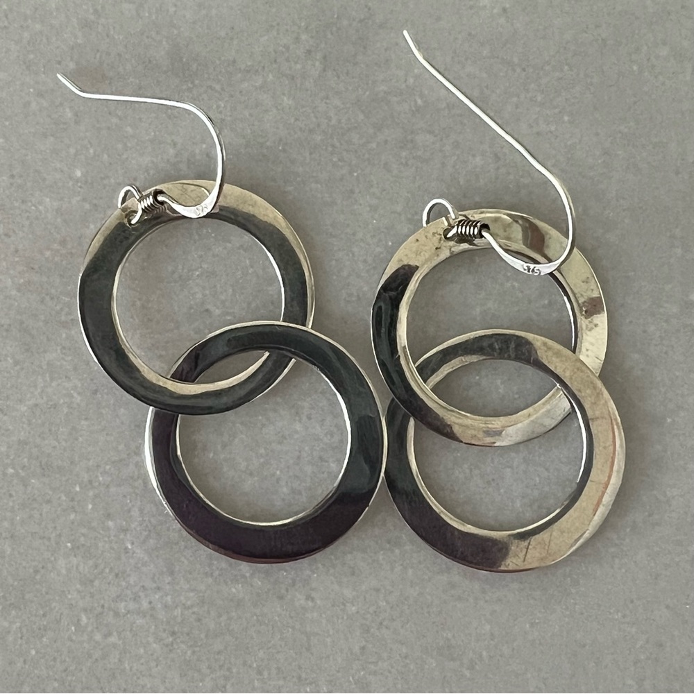 Sterling Silver Flat Double Ring Dangle Earrings - image 2